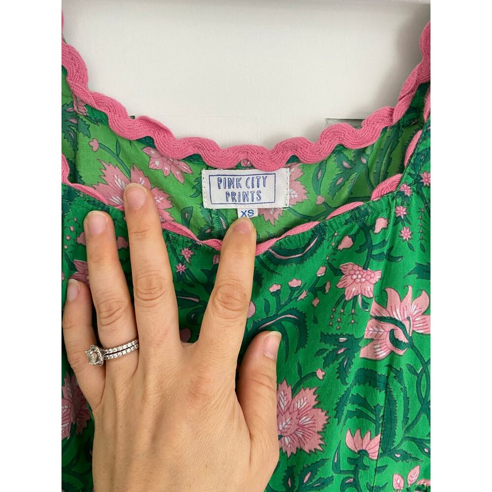 Pink City Prints Tuckernuck Green Forest Rose Maisie Midi Block Print Dress XS - Picture 11 of 11